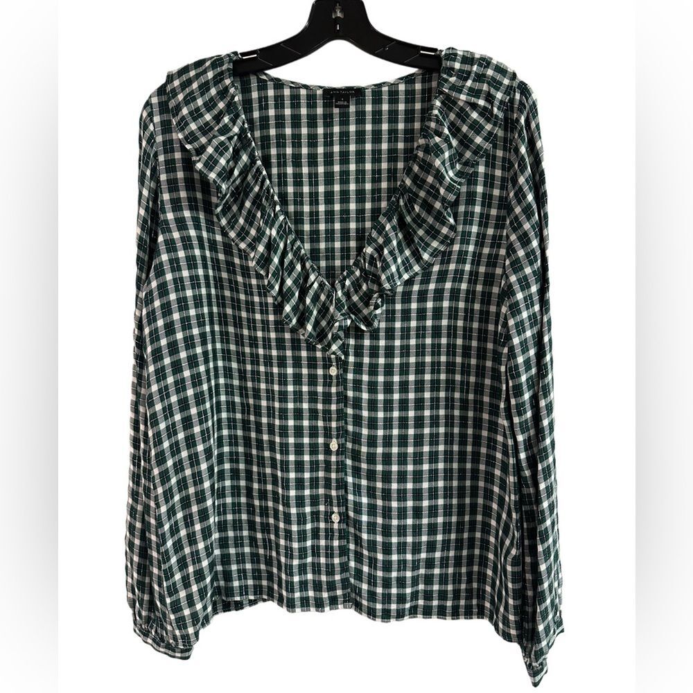 Ann Taylor Green Silver Plaid Ruffle Collar Top Size S